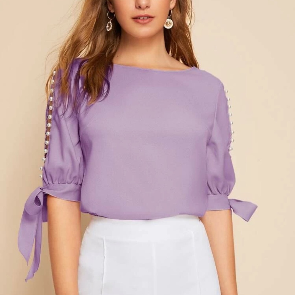 Super cute woman pearl beaded split sleeve knot top